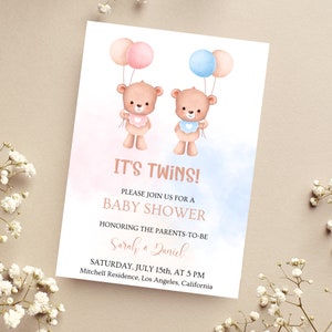 Twins Baby Shower Invitation Template, Boy and Girl Shower, Pink and Blue Balloons, Smartphone Invitation, Girl and Boy Twins, BB16