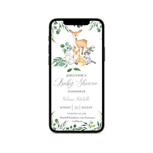 Woodland Baby Shower Electronic Invitation, Digital Template,Woodland Animals, Forest Theme Green Leaves,Deer Rabbit Raccoon Fox, Canva, BB4