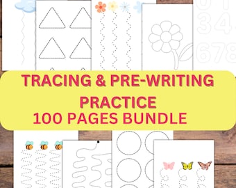 TRACING PRACTICE Mega Bundle 100 PAGES, PreSchool Alphabet Tracing Line, Beginning Scissors,Toddler Kindergarten Activities,Practice Sheets