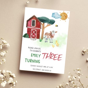 Farm Birthday Invitation, Red Barn Farm Birthday Party, Gender Neutral Farm Animals Invitations, Red Farmhouse Birthday Invite, BD57