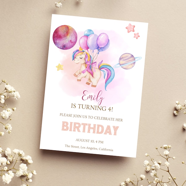 Unicorn Space Birthday Invitation Template, Planets Outer Space Unicorn Invite, Unicorn Space Party, BD41