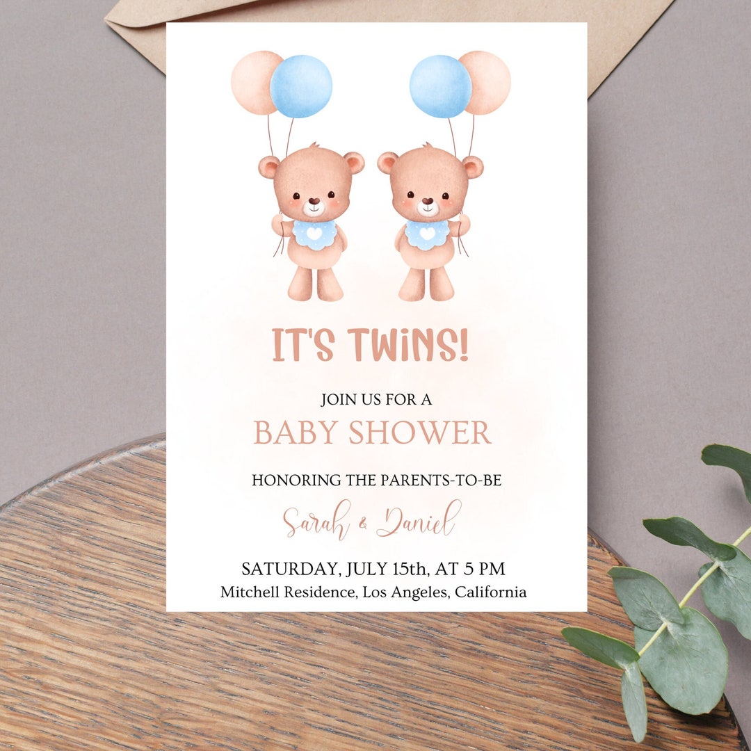Twins Baby Boys Shower Invitation Template, Twin Boys Birthday, Blue