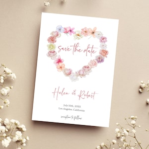 Floral Heart Save the date Template, Watercolor Flowers Save the Date, Wedding Announcement, Bride and Groom to be, BD44