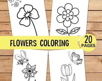 Simple Flower Coloring Pages for Kids , 20 Flower Coloring Sheets, Flower Birthday Activity, INSTANT DOWNLOAD, Kids Coloring Book, Toddler