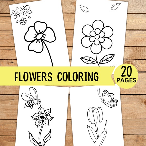 Simple Flower Coloring Pages for Kids , 20 Flower Coloring Sheets, Flower Birthday Activity, INSTANT DOWNLOAD, Kids Coloring Book, Toddler