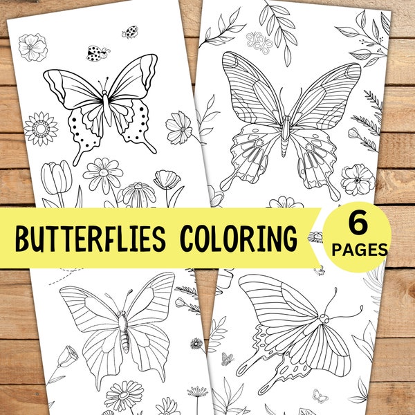 Butterfly Coloring Pages for Kids and Adults, 6 Coloring Pages, Coloring Sheets Book, Coloring Book, Toddler Coloring, Improve Motor Skills