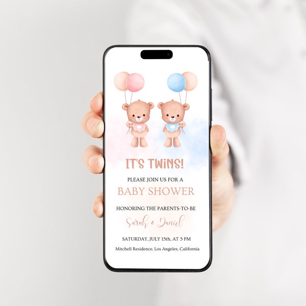 Twins Baby Shower Digital Invitation Template, Boy and Girl Shower, Pink and Blue Balloons, Smartphone Invitation, Girl and Boy Twins, BB16