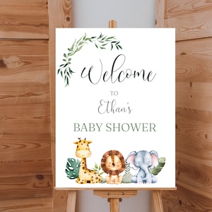 Willkommensschild Baby Shower Vorlage, 4 GRÖSSEN, Safari Tiere, Baby Shower, Geburtstagsschild, Wilder Löwe Elefant Giraffe, Grüner Eukalyptus, BB3
