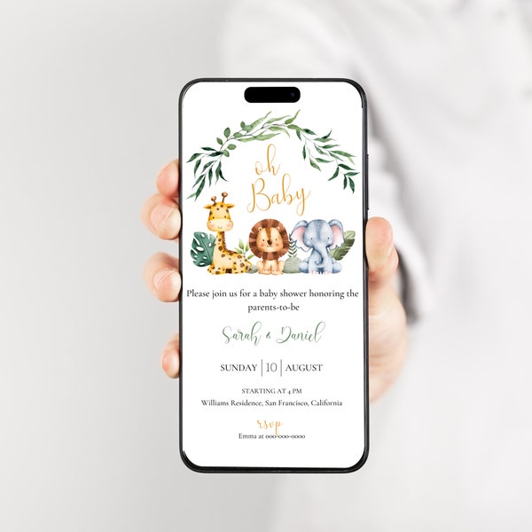 Safari Baby Shower Invitation Digital Electronic  Template, Safari Animals, Wild Animals, Lion Elephant Giraffe,Green Eucalyptus, BB3