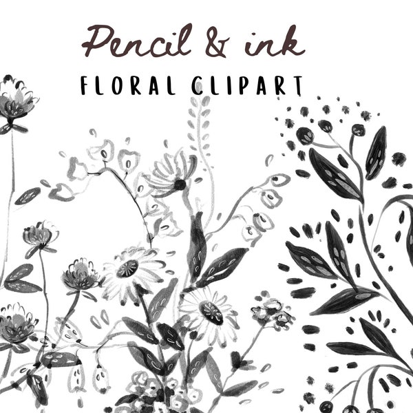 Black And White Floral Clipart, Black Ink Flowers Clipart PNG, Floral Pencil Drawing Clipart