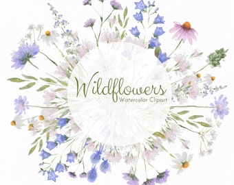 Wildflowers Watercolor Clipart PNG, Wild Flowers Frame Wreath Bouquets Clipart, Floral Watercolor Clipart