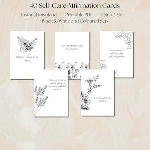 Baraja de tarjetas de afirmación Tarjeta de cuidado personal imprimible Gratitud Imprimible Afirmación positiva Impresión Arte de amor propio Conjunto de impresión en blanco y negro de 40