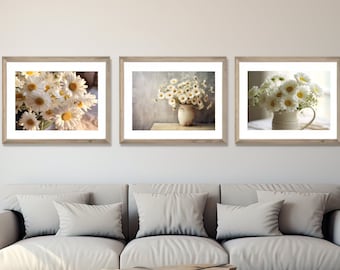 Cottagecore Flowers in Vases, Daisies Wall Print Art,Kitchen,3 AI Photo Posters, Modern,Original,Download,Gift,Him,Her,Portrait,Home Decor