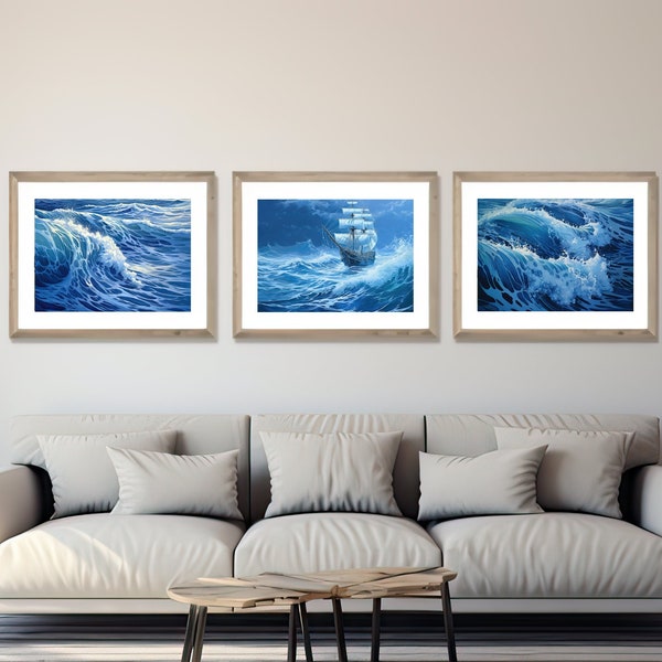 Reise durch Sturm Trio: Segelboote in turbulenten Meeren Geschenk AI druckbar, Sofort Download, Regal Kunst Geschenk, Galerie Wand Home Deco Sturm