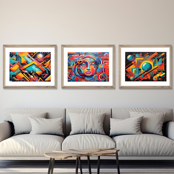 Retro Vibe: Trio Wall 80s Graffiti Street Art, 3 AI-Generated Original Posters Download, Gifts for Fathers Day, Game Room, Boys Dorm Gift