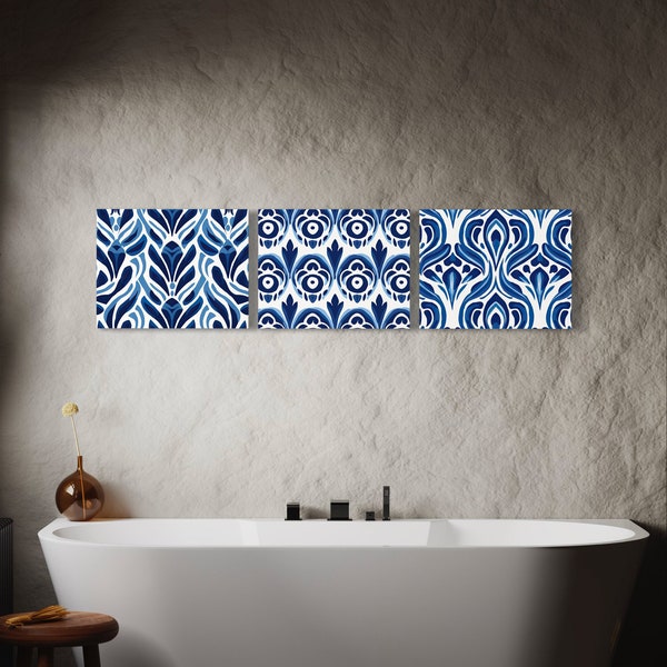 Mediterranean Blue Pattern Posters, Digital Wall Print Art, 3 AI Art Canvas, Impressionist, Download, Original, Gift,Him,Her, Home Decor