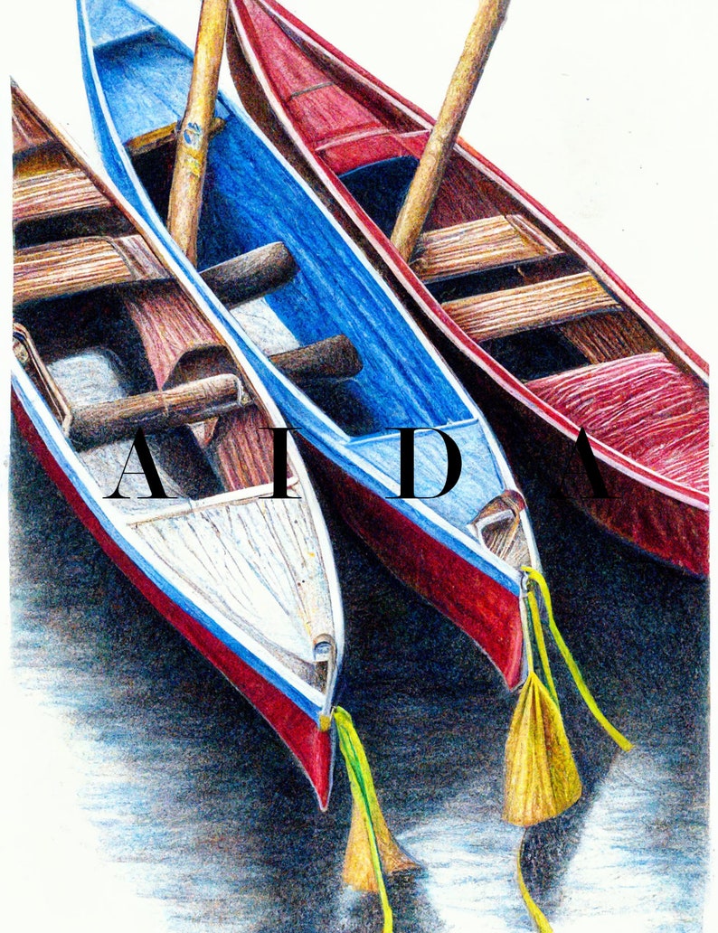 Lake Canoes Pencil Drawing Digital Wall Print Art3 AI Oil Etsy Canada