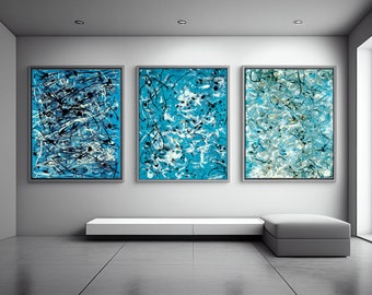 Ocean Blue Pollock-Inspired Digital Wall Print Art, 3 AI Oil Abstract Posters,Impressionist,Download,Waves,Gift,Him,Her,Portraits,Home Decor