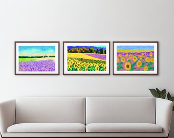 Sunflower Fields Digital Wall Print Art, 3 AI Oil Canvas Posters, Impressionist, Download, Monet, Yellow, Lavender, Gift,Him,Her, Home Decor