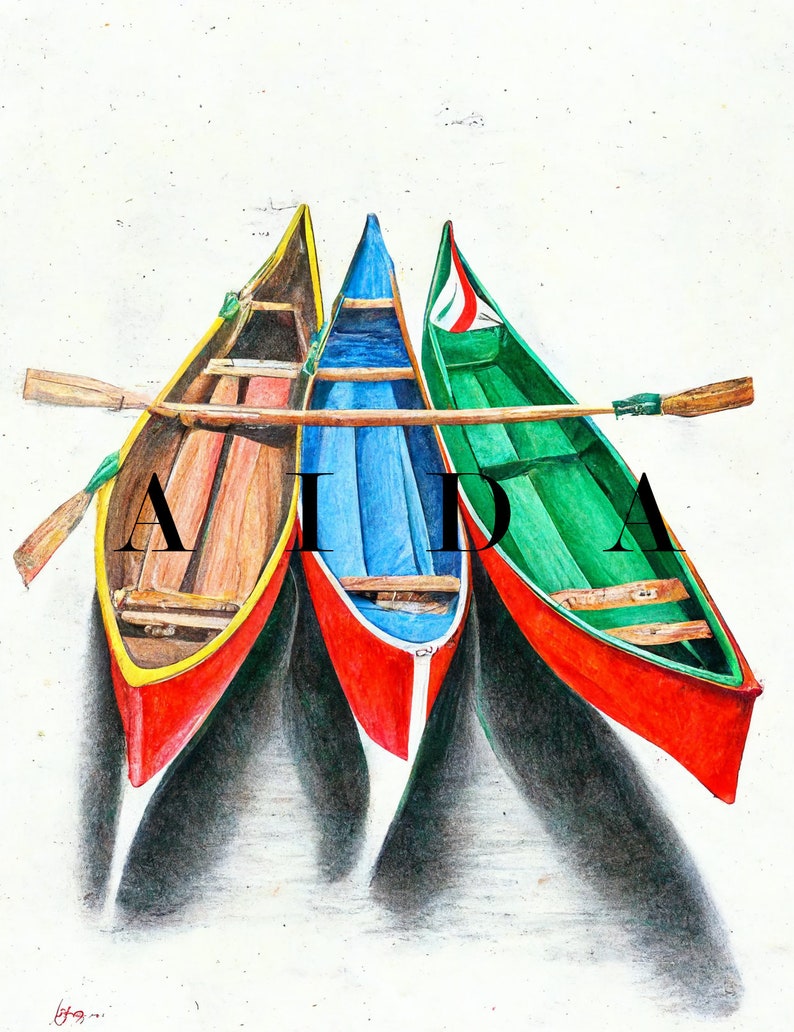 Lake Canoes Pencil Drawing Digital Wall Print Art,3 AI Oil Posters