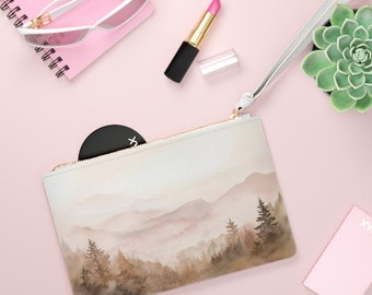 Cottagecore Pink Clutch, Gift for Her Vegan Leather Scenic Mountains Purse