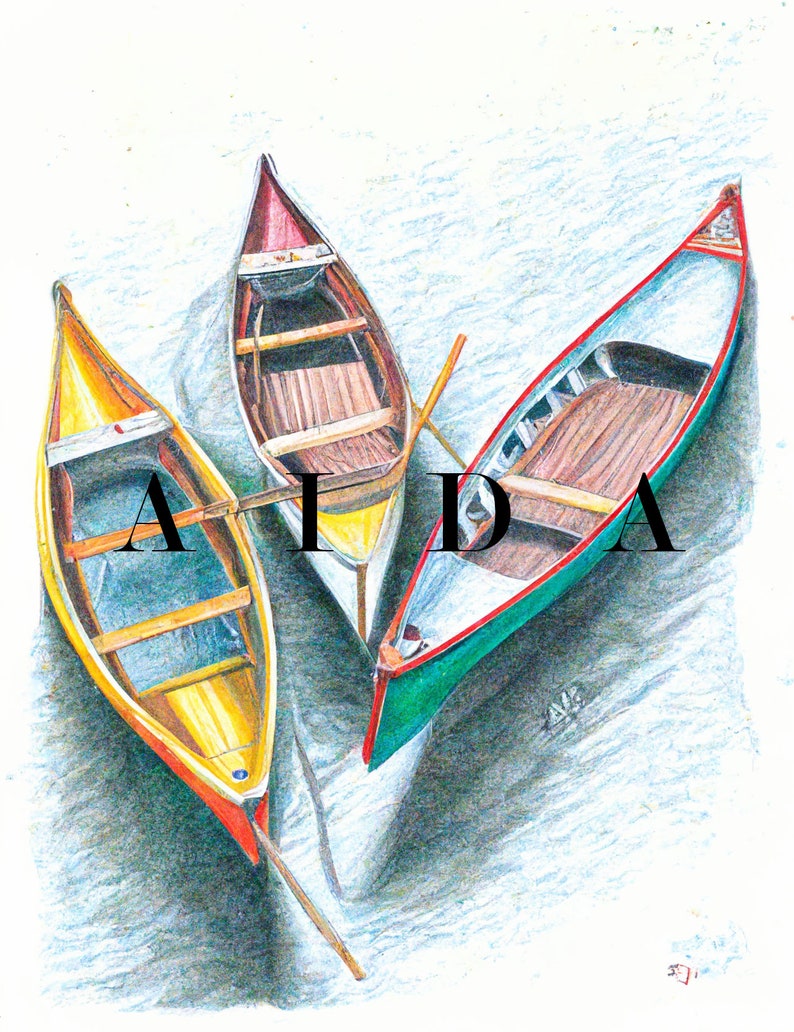 Lake Canoes Pencil Drawing Digital Wall Print Art,3 AI Oil Posters