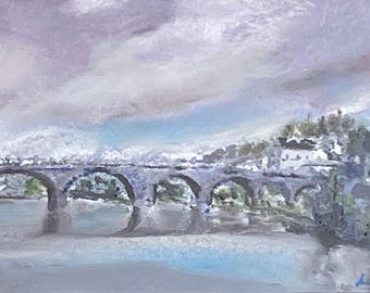 May include: A painting of a stone bridge with multiple arches over a river. The sky is a light purple with white clouds. The trees on the far bank are a dark green.