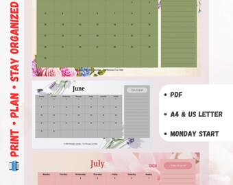 2026 Monthly Calendar Printable | Floral Botanical Planner | Minimal Wall Calendar PDF | Monday Start | A4 & US Letter