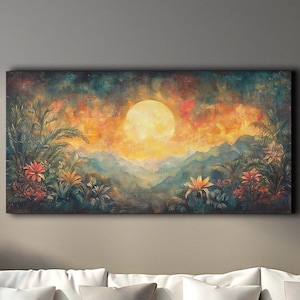 Vibrant Tropical Island Sunset Canvas: Exotic Jungle Paradise Wall Art for Beach-Themed Home Decor