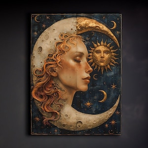 Impression sur toile de déesse soleil et lune, art mural céleste, décoration d'intérieur mystique, art féminin, cadeau pour amateur d'astrologie