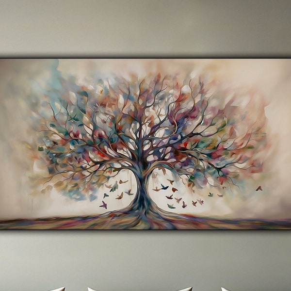 Peinture Yggdrasil, impression sur toile, décoration arbre de vie, art mural abstrait, aquarelle douce, oeuvre d'art symbolique, décoration colorée, cadeau d'art unique