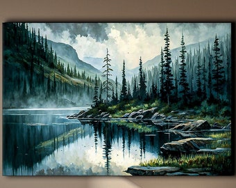 Mountain Lake Canvas Print: Realistic Ink Painting, Nature Wall Art