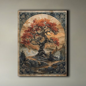Yggdrasil Leinwanddruck, alter Baum des Lebens, Mondlicht Bergwald Dekor, Vintage Poster Stil, Tarot Karte Wandkunst, Baum Liebhaber Geschenk