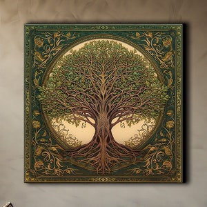 Yggdrasil Painting Canvas Print, Tree of Life Mandala, Celtic Wall Art, Natural Earthy Tones, Symbolic Wall Décor, Norse Mythology Art