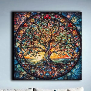 Yggdrasil Painting Canvas Print, Tree of Life Mandala, Stained Glass Effect, Norse Mythology Art, Celtic Wall Art, Vibrant Mosaic Décor