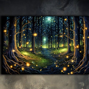 Glühwürmchen Wald Poster, Magic Forest Wandkunst, Psychedelisches Kunstwerk, Stromwald, Naturlehrpfad Kunst, Trendiges Dekor, Horizontales Poster