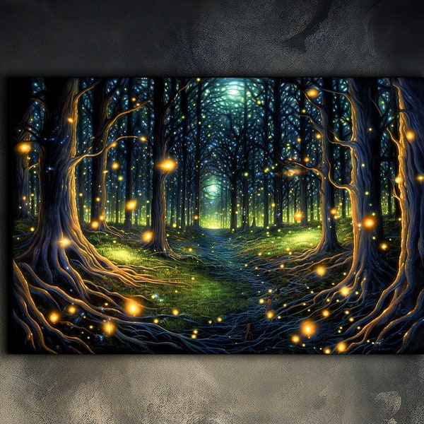 Fireflies Forest Poster, Magic Forest Wall Art, Psychedelic Artwork, Electric Forest, Nature Trail Art, Trendy Décor, Horizontal Poster