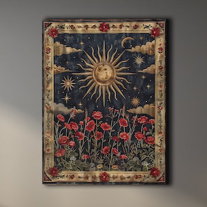 天の太陽の赤い花柄タペストリー、神秘的なボヘミアン風ウォールアート、星空の夜の自然にインスパイアされたキャンバス、ヴィンテージの太陽と月の装飾、占星術愛好家へのギフト