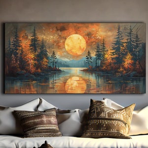 Herbst Sonnenuntergang See Leinwand, rustikale Wald Wandkunst, Goldene Stunde Gemälde, Reflektierende Natur Kunstwerk, gemütliches Wohndekor, Herbst Liebhaber Geschenk