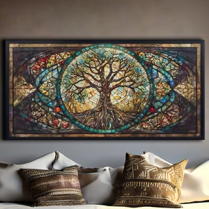 Yggdrasil Painting Canvas Print, Tree of Life Décor, Stained Glass Effect, Abstract Geometric Mosaic, Colorful Wall Art, Vibrant Home Décor