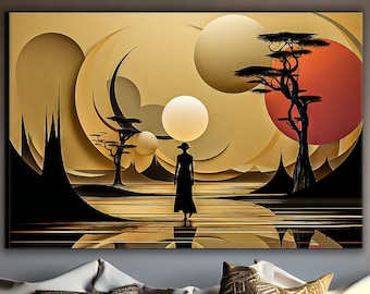 Golden Futuristic Landscape Canvas Print: Abstract African Silhouette Wall Art