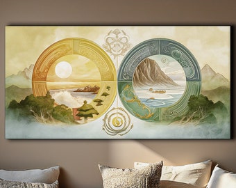 Yin Yang Canvas Print: Boho Sun Moon Mountain River Art