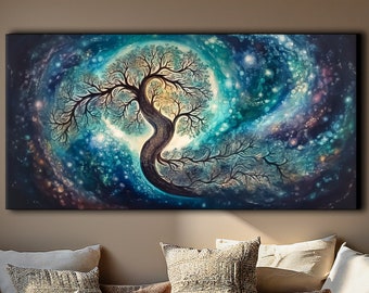 Starry Night Tree of Life, Yggdrasil Painting Canvas Print, Cosmic Wall Décor, Abstract Watercolor, Celestial Artwork, Universe Wall Art