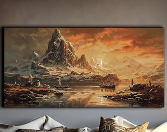 Viking Ships Canvas Print: Mountain Ocean Renaissance Wall Art