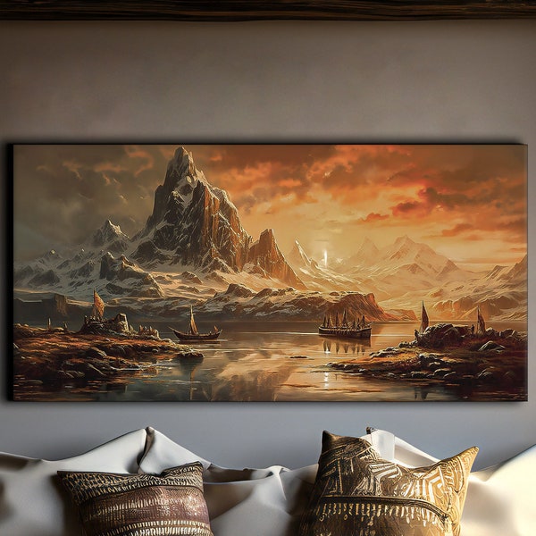 Viking Ships Painting Canvas Print, Mountain Ocean Wall Art, Renaissance Style Décor, Warm Wall Décor, Norse Sunset Artwork, Viking Art