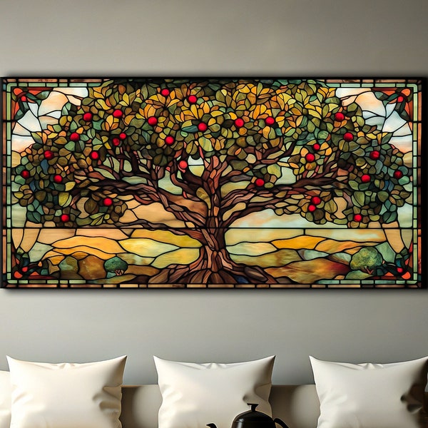 Autumn Rowan Tree Painting, Stained Glass Canvas Print, Tree of Protection, Mountain Ash Tree, Norse Mythology Art, Mythology Lover Gift,