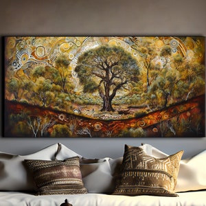 Australian Tree of Life, Aboriginal Painting Canvas Print, Celtic Wall Art, Abstract Landscape, Symbolic Artwork, Indigenous, Wildlife Décor