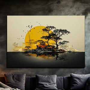 Exotic Fantasy Landscape with Tree, Sun over Lake, African Art Print, Gift for Nature Lovers, Traditional Canvas Painting