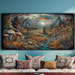 Enchanted Fungi Valley Canvas Print: Mystical Mountain Landscape