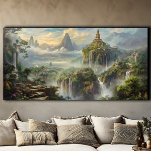 Fantasie Wasserfall Dschungel Gemälde, buddhistische Architektur Kunst, Fine Art Leinwand Druck, Berglandschaft, Mythologie Kunst Geschenk